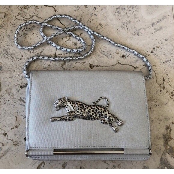 Vintage Nima Metal Cheetah Bag Silver Metallic Black Purse 80s Crossbody - Picture 1 of 7